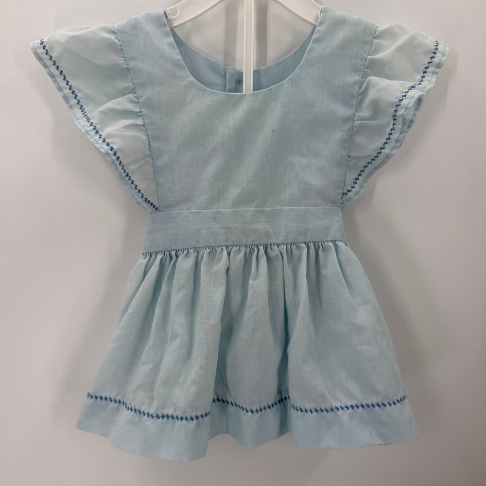 Vintage Style Ruffle Dress Embroidered Trim Sash Back 12-18M Light Blue Retro